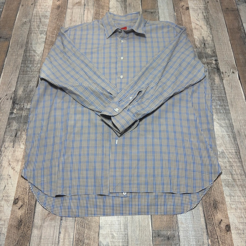 Isaia Napoli Button Down Shirt Mens XXL Brown Blue Check Handsewn Luxury Office